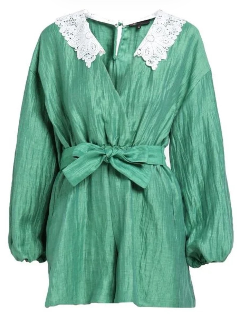 Maje Green Long-Sleeve V-Neck Romper with removable White Lace Collar